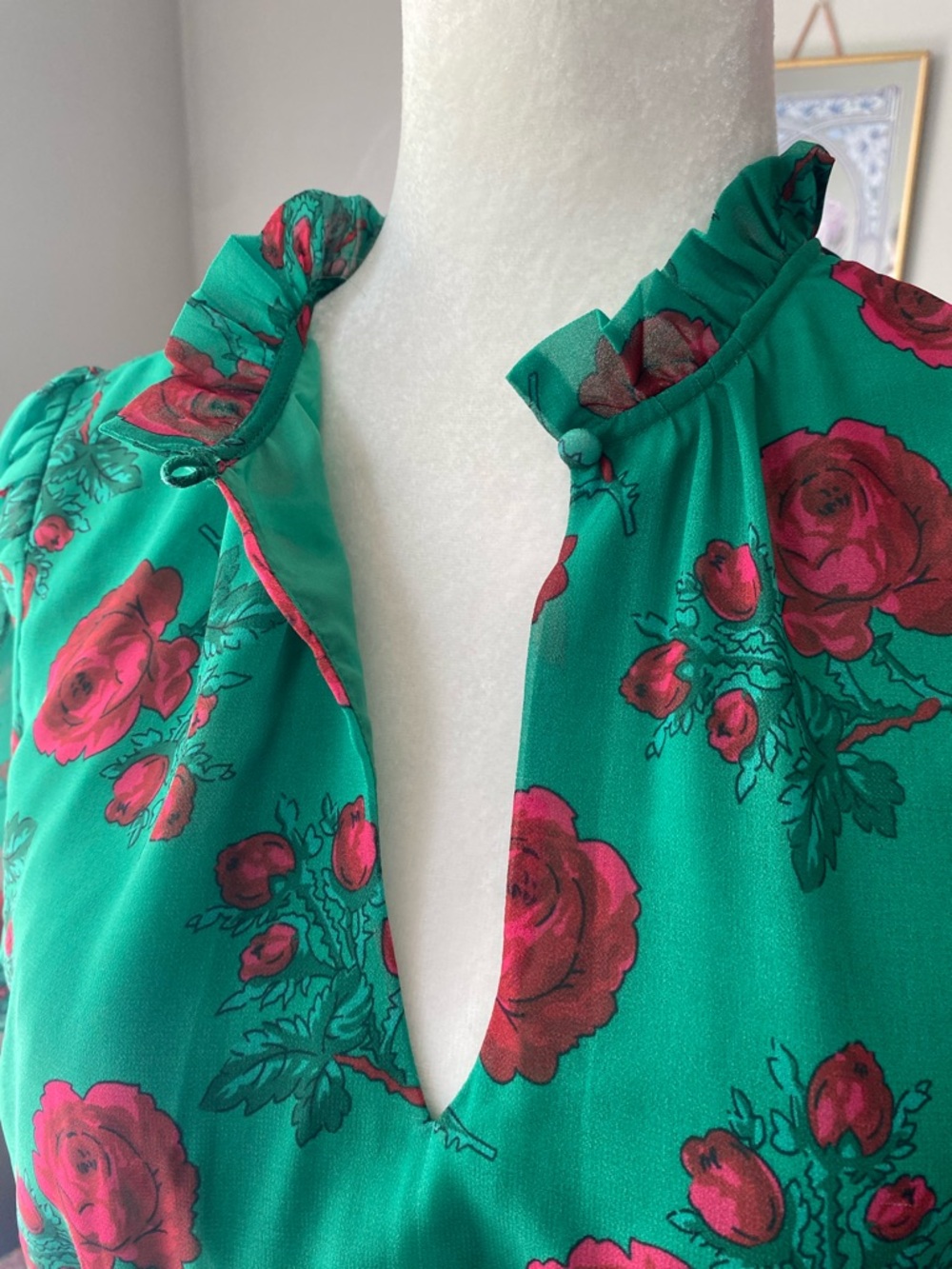 Betsey Johnson Green Maxi Dress with Pink Rose Print - Picture 10 of 12